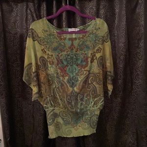 Unity World Wear Gorgeous gathered waist/hip, silky, semi sheer blouse.
